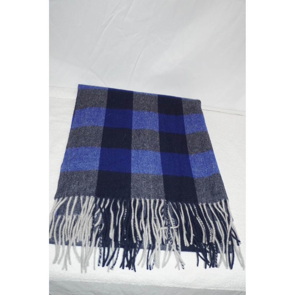 COS Blue Grey Buffalo Plaid 100% Wool Scarf Wrap Checkered Fringe Tassel